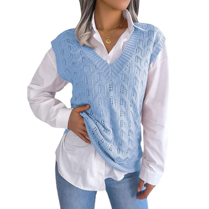Clearance 2023 Autumn/Winter European and American Style Solid Color Hollow Out Wavy V-Neck Knitted Vest Sweater Independent Cross-Border Women's Fashion