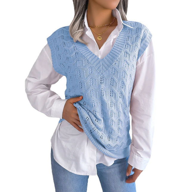 Clearance 2023 Autumn/Winter European and American Style Solid Color Hollow Out Wavy V-Neck Knitted Vest Sweater Independent Cross-Border Women's Fashion