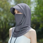 [sun protection/ice silk hat with brim mask drawstring] dark gray