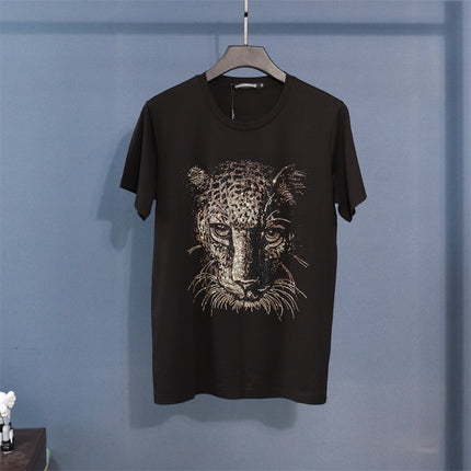 26 New Rhinestone Letter Leopard Head Personalized Cool Street Style Loose Unisex Short-Sleeve T-Shirt Plus Size Stylish