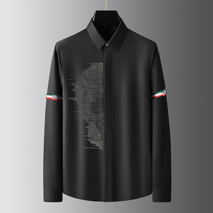 Men's Luxury Fashion Non-Iron High-End Solid Color Long-Sleeve Shirt with Rhinestone Trim Versatile Pure White Men's Shirt
