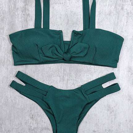 Billion Swimming 2024 Cross-border New Solid Color Bow Low Waist Bikini Women's European and American Sexy Split Swimsuit