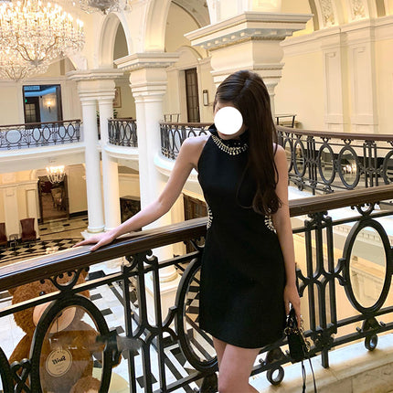 French Style Socialite Party Little Black Dress Birthday Party Waist Sparkling Diamond Engagement Dress for Women