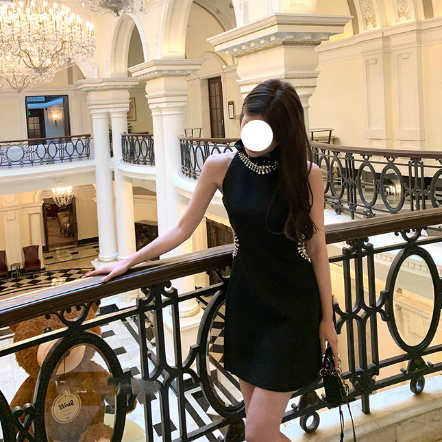 French Style Socialite Party Little Black Dress Birthday Party Waist Sparkling Diamond Engagement Dress for Women