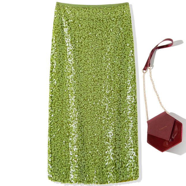 B2073 2025 spring women's new fashion sequined overskirt elastic waist figure mid-length skirt