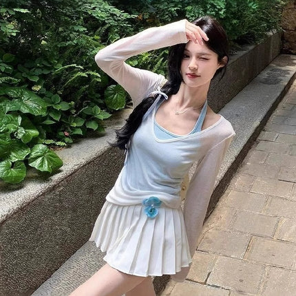 Mint Green Thin Layered V Neck Sun Protection Long-Sleeved T-Shirt for Women Summer Slimming Look Right Shoulder Pure Color Top