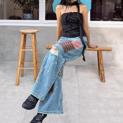 American High Street Design Splatter Print Jeans for Women, New Summer Style, Slimming Ripped Patchwork Floor-Length Pants