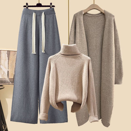 Autumn suit Women's 2024 New Korean Lazy Style Cardigan Jacket with Slim Sweater Wide Leg Pants Three-Piece Set