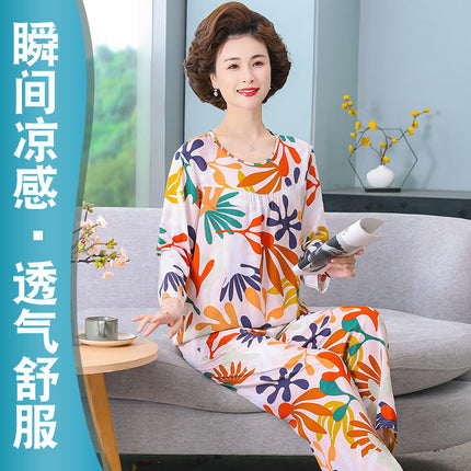 Women's Pajamas 2026 New Spring and Summer Cotton Silk Pullover Long-Sleeve Cool Thin Round-Neck for Middle-Aged and Elderly Mothers