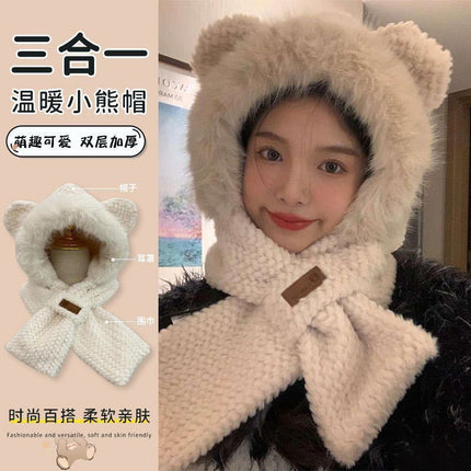 Autumn and Winter Hats for Women, Cute Plush Scarf, Thickened Integrated Neck Warmer, Plush Hat for Cycling, Warm Ear Protection Hat