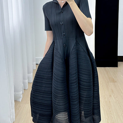 Foreign trade high-end Sanzhai casual elegant gentle simple solid color pleated flower buds dress women's summer New
