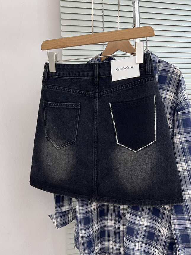 Plus Size Women's Design Denim Skirt Summer New Pear-Shaped Figure Fat mm High Waist Slimming Look A-Line Skirt
