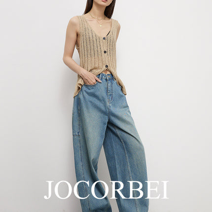 Jocorbei [Arc Cocoon-Shaped Jeans] High-Waisted Deconstructed Banana Pants, Loose Retro Blue Jeans Pants
