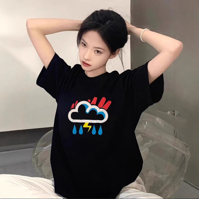 Summer Pure Cotton Short-Sleeved T-Shirt for Women 2026 Plum Blossom Print Design Niche American High Street Loose Half-Sleeved Top