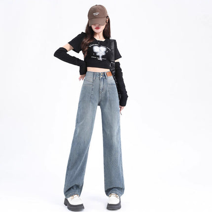 American-Style Wide-Leg Jeans for Women, 2025 New Summer Thin Retro High-Waisted Loose Straight Wrinkled Floor-Length Pants