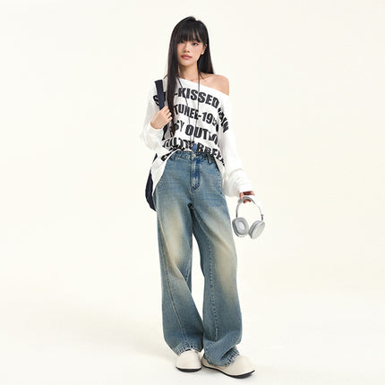 Beige Machete Wide Leg Jeans Women's Autumn and Winter 2024 New Straight Loose High Waist Dosing Slimming Mop Pants