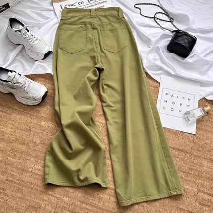 Green Wide-Leg Jeans for Women, Autumn 2025 New High-Waisted Fashion Trendy Loose Slimming Straight Pants