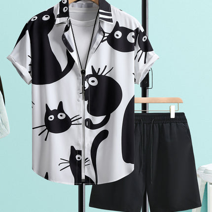 Casual Men's Shorts suit Black Cat Print Men's Short-sleeved Shirt Men's Shirt Summer 2025 New Cross-border