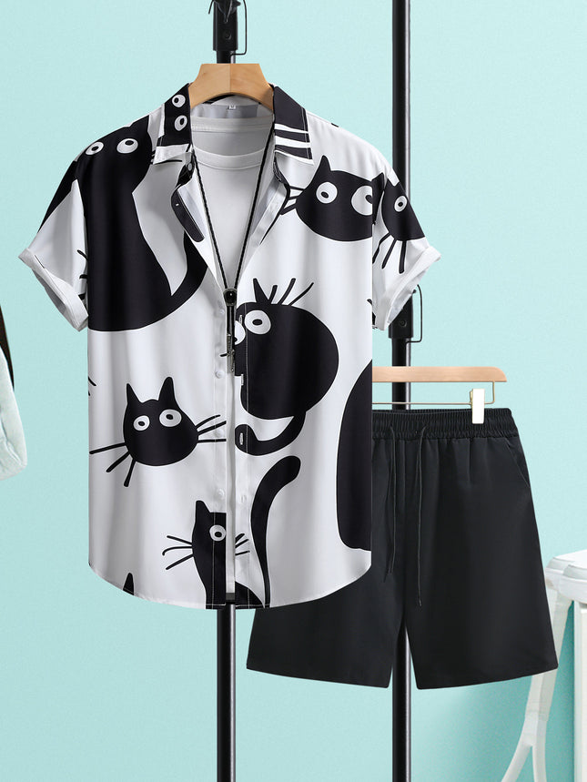 Casual Men's Shorts suit Black Cat Print Men's Short-sleeved Shirt Men's Shirt Summer 2025 New Cross-border