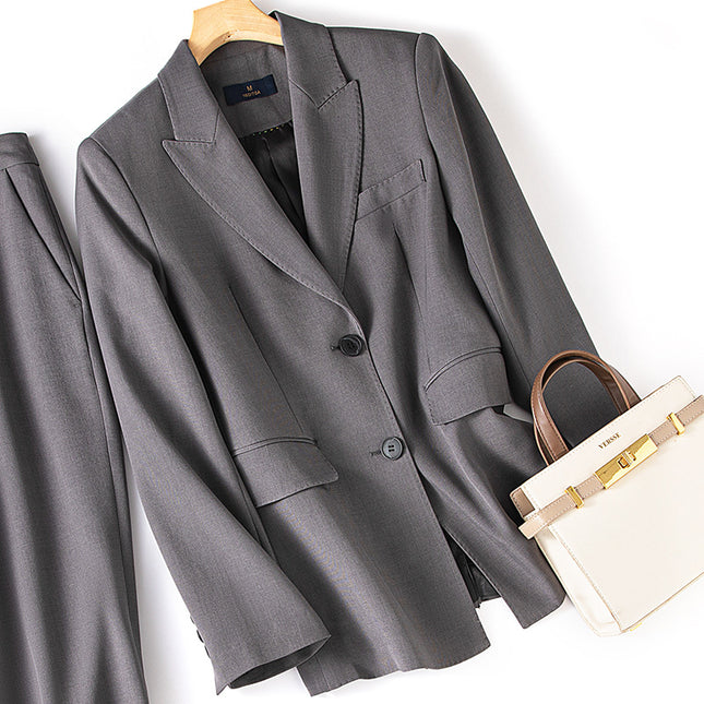 Endi Women's Suit Set with a High-End Feel, Spring Season, Light Professional Style, Slim Fit, High-End Design, Gray Two-Piece Blazer Set