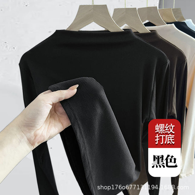 Trendy Thermal Base Layer Top for Women, Suitable for Autumn and Winter, Can Be Worn Outside, High-End Feel, Fleece-Lined, Thickened, Half-High Collar, Warm Base Layer Top