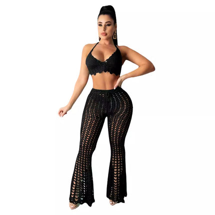 AJ4362 European and American Women's Wear Hollow Perspective Two-piece Set Beach Style Grid Pure Handmade Hook Sexy Fashion Suit