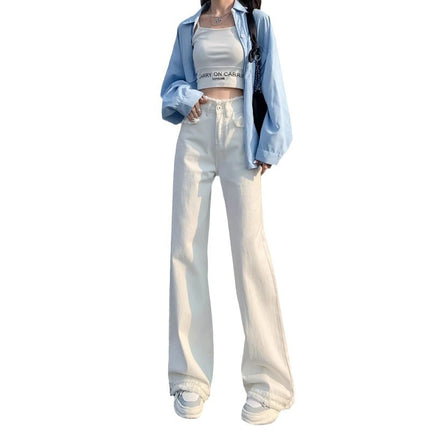 plus size White Straight Leg Jeans Women's Fashion All-match New High Waist Loose Slimming Wide Leg Long Pants