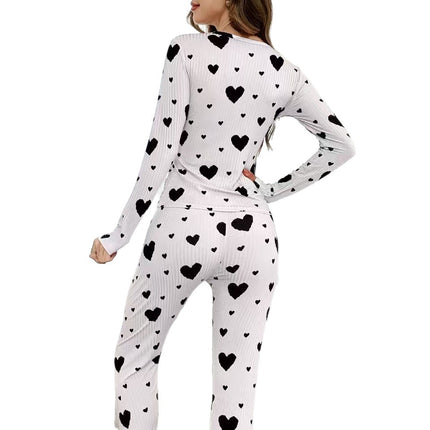 Cross-Border Export New Home Wear Set Heart Print Long-Sleeved Pants Set European and American Hot-Selling Women's Pajamas