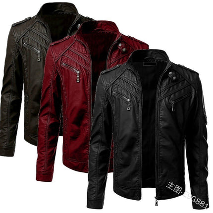 2025 New Autumn and Winter Men's Stand-Up Collar Leather Jacket Amazon Wish Export Pu Jacket Slim Zipper Leather Jacket