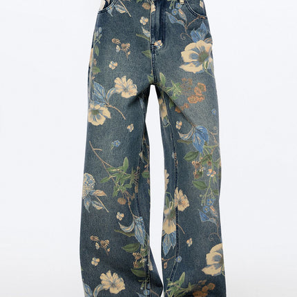 Unisex American High Street Floral Wide-Leg Jeans Printed Loose Fit Nine-Point Two Wide-Leg Floor-Length Pants