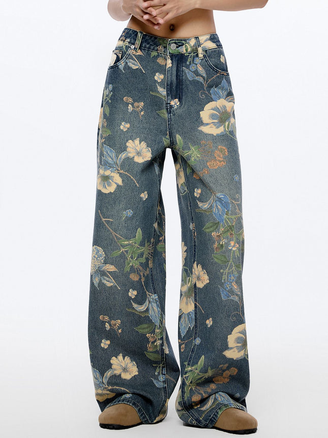 Unisex American High Street Floral Wide-Leg Jeans Printed Loose Fit Nine-Point Two Wide-Leg Floor-Length Pants