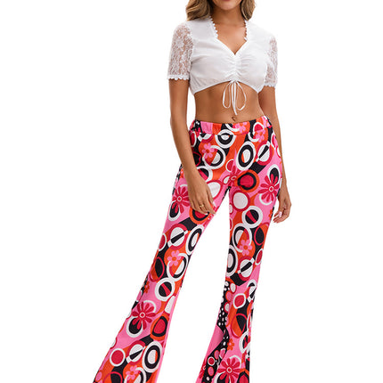 2025 Amazon Hot Selling Women's Hippie Clothing Fashionable Wide Leg Flare Pants Contrast Printed Trousers + Headscarf