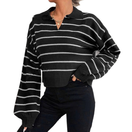 Temperament Lapel Stripesd European and American Cross-Border Versatile New Cross-Border Women's Clothing Shein Loose Knitwear Knitwear Top