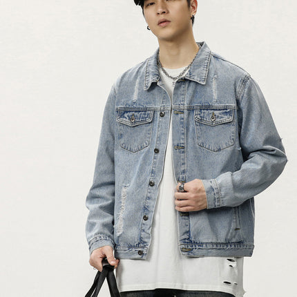 2025 New Autum Trendy Brand Motorcycle Jacket Tops Light Retro Wings Embroidered Ripped Denim Jacket for Men