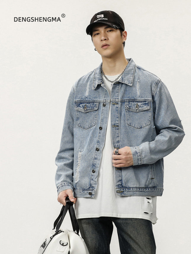 2025 New Autum Trendy Brand Motorcycle Jacket Tops Light Retro Wings Embroidered Ripped Denim Jacket for Men