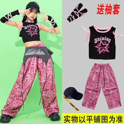 Girls' Jazz Dance Performance Outfits Children's Street Dance Clothing Dopamine Pink Leopard Print Pants Girls' Trendy Outfits