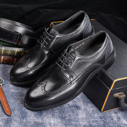 Men's Formal Business Leather Shoes, Genuine Leather Derby Shoes, Brogue Carved Shoes for Office, Wedding, and Banquet Occasions, Cross-Border