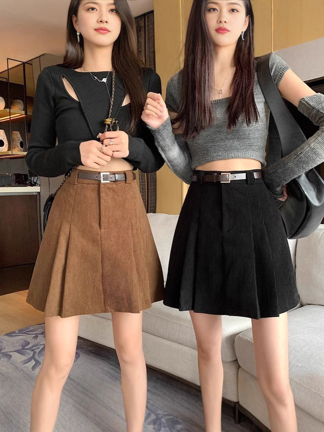 High Waist A- Line Corduroy Short Skirt Women's Autumn and Winter brown Anti-Light Pleated Skirt Skirt plus size Niche Age-Reducing Skirt