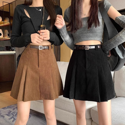 High Waist A- Line Corduroy Short Skirt Women's Autumn and Winter brown Anti-Light Pleated Skirt Skirt plus size Niche Age-Reducing Skirt