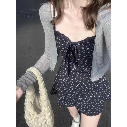 Blue Purple Floral Sling dress Women's Summer 2025 New Arrival Short Short Skirt with Short Waist and Super Fire Sweet Style
