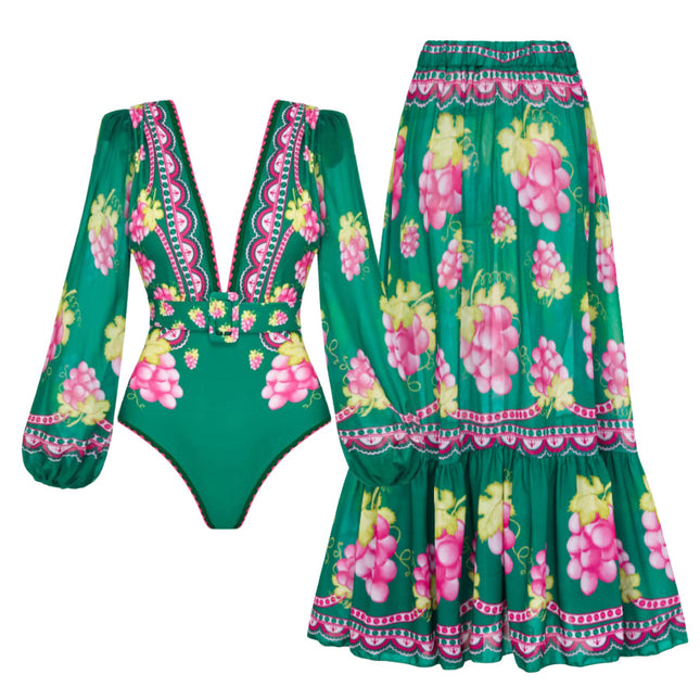 2024 European and American Swimwear for Women, Deep V-Neck, Ruffled, Color-Blocked, Vintage Print One-Piece Swimsuit Set, Deep V-Neck, Hollow-Out, European and American Style