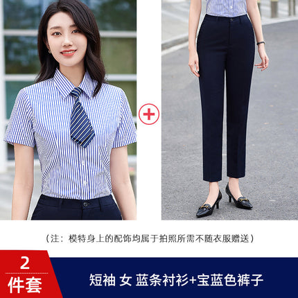 Striped Shirt Short-sleeved Slim-fit Professional Workwear for Men and Women Sales Work Clothes Business Shirt suit Custom Embroidered LOGO