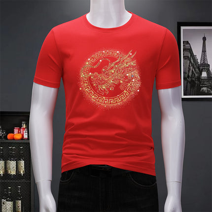 Ouzhanzhou Trendy Men's New Hot Drilling T-shirt Fashionable Slim-fit Large Size Light Luxury Men's Short-sleeved Summer Ice Silk Quick-drying
