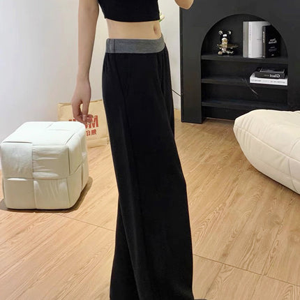 Stitched Contrasting Color Wide-Leg Pants for Women 2025 Spring & Fall Sports Pants Low-Waisted Straight Pants Floor-Length Low-Waisted Extended Knitted Pants