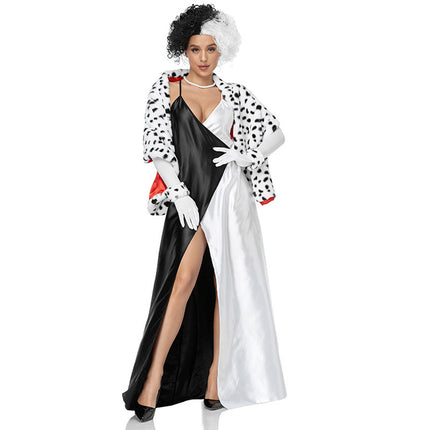 Foreign Trade Black and White Long Skirt Fur Shawl Kuiara 101 Dalmatians Movie Cosplay Dress Suit Women's Clothing