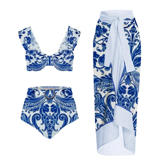 2024 New European and American High Waist Retro Printed Split Swimsuit Women's Hot Spring Holiday Beach Dress Two-piece Swimsuit