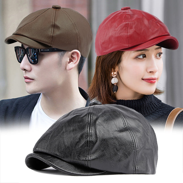 Hats for Men and Women in Spring, Autumn and Winter British Retro Casual Octagonal Hat Pu Leather Simple Beret Pure Color Newsboy Hat