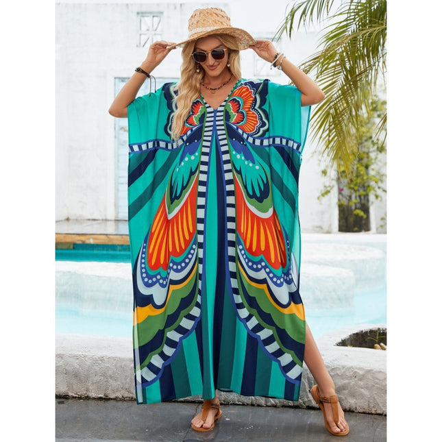 Independent Site Temu Cross-Border Women's Clothing Printed Dress Robe Beach Vacation Loose Sun Protection Outer Cover-Up