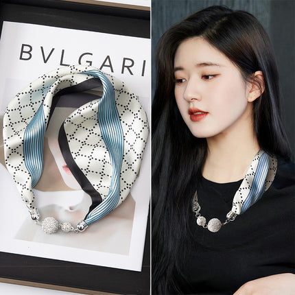2026 New Magnetic Buckle Small Silk Scarf with Geometric Patterns and Rhinestones, Magnetic Necklace Scarf, Women's Hairband Scarf