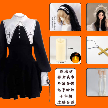 Evil Nun! Halloween Cos Costume Contrast Style Blackened Gothic Dark Style Horror Dress for Adult Women